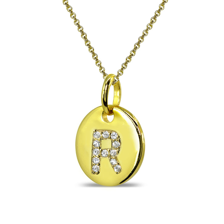 Gold Flash Sterling Silver R Letter CZ Initial Alphabet Name Personalized Pendant Necklace, 15” + Extender