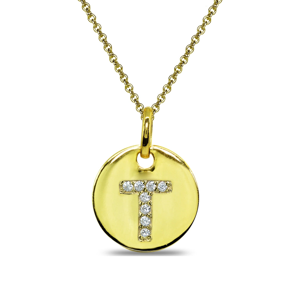 Gold Flash Sterling Silver T Letter CZ Initial Alphabet Name Personalized Pendant Necklace, 15” + Extender