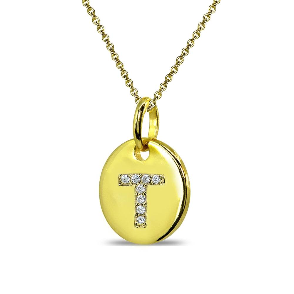 Gold Flash Sterling Silver T Letter CZ Initial Alphabet Name Personalized Pendant Necklace, 15” + Extender-2
