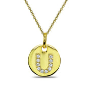 Gold Flash Sterling Silver U Letter CZ Initial Alphabet Name Personalized Pendant Necklace, 15” + Extender