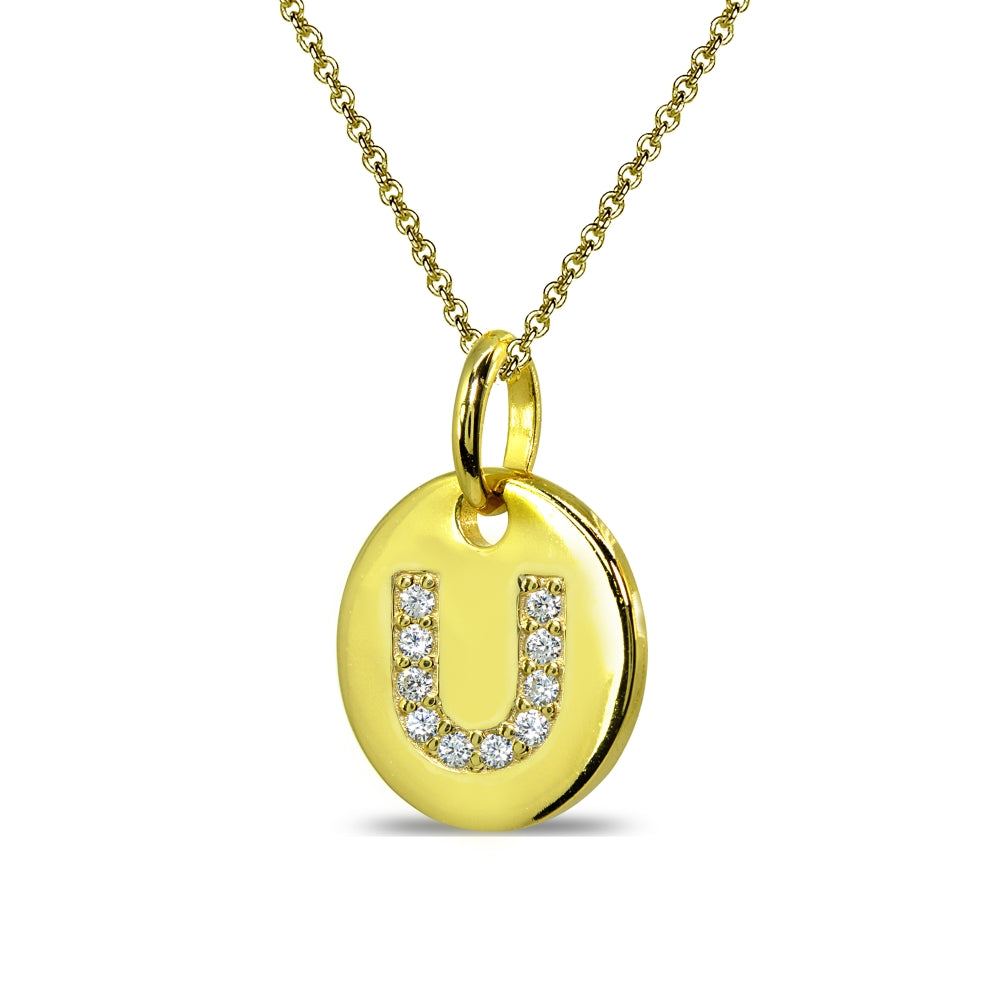 Gold Flash Sterling Silver U Letter CZ Initial Alphabet Name Personalized Pendant Necklace, 15” + Extender-2