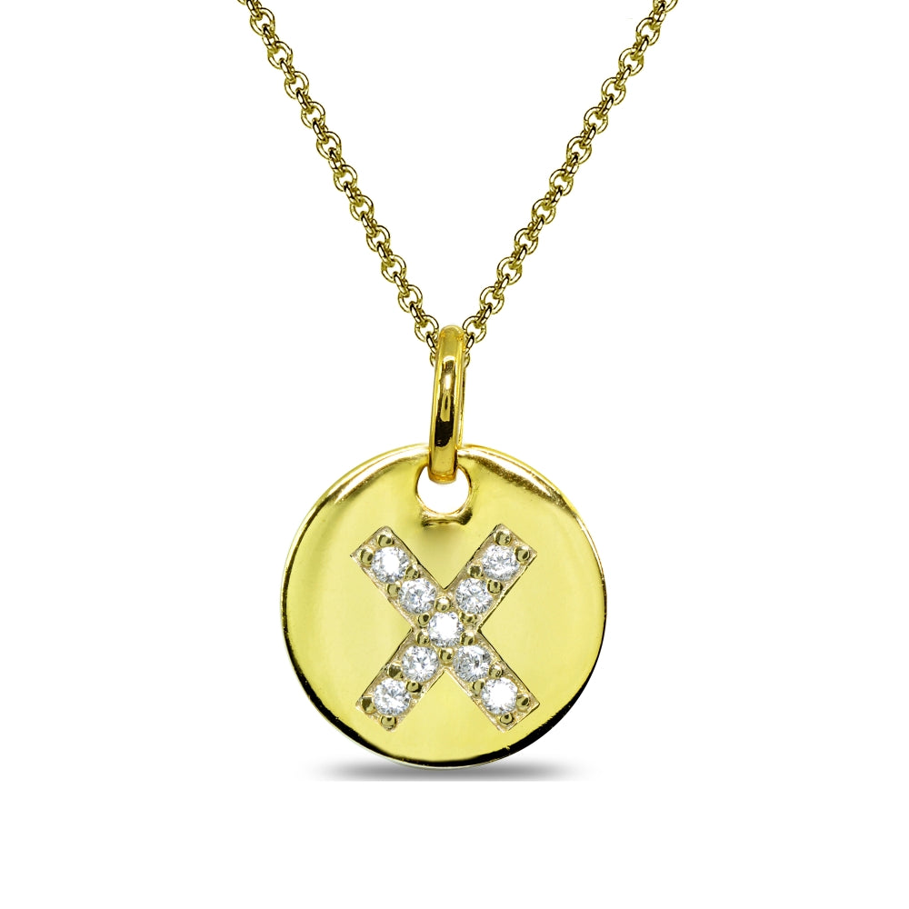 Gold Flash Sterling Silver X Letter CZ Initial Alphabet Name Personalized Pendant Necklace, 15” + Extender
