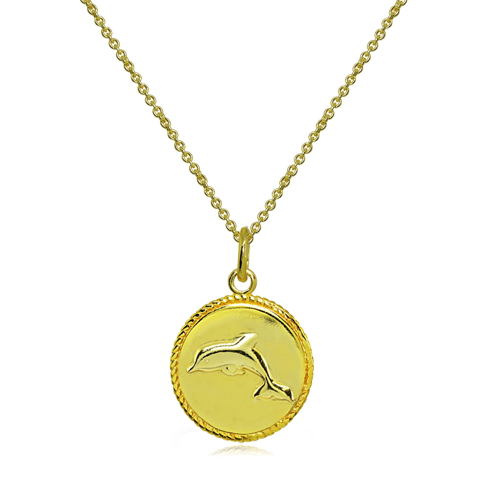 Yellow Gold Flashed Sterling Silver Polished Dolphin Animal Medallion Coin Round Pendant Necklace