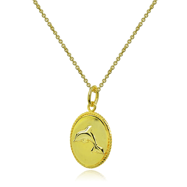 Yellow Gold Flashed Sterling Silver Polished Dolphin Animal Medallion Coin Round Pendant Necklace
