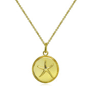 Yellow Gold Flashed Sterling Silver Polished Sea Starfish Medallion Coin Round Pendant Necklace