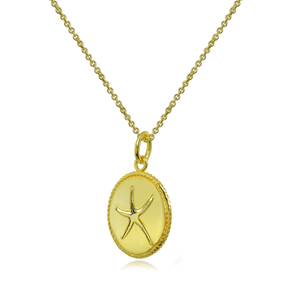 Yellow Gold Flashed Sterling Silver Polished Sea Starfish Medallion Coin Round Pendant Necklace-2