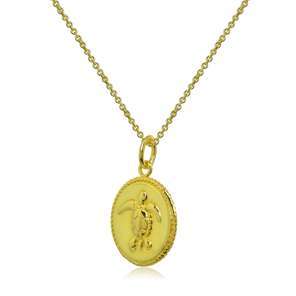 Yellow Gold Flashed Sterling Silver Polished Sea Turtle  Medallion Coin Round Pendant Necklace-2