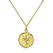 Yellow Gold Flashed Sterling Silver Polished Palm Tree Summer Medallion Coin Round Pendant Necklace