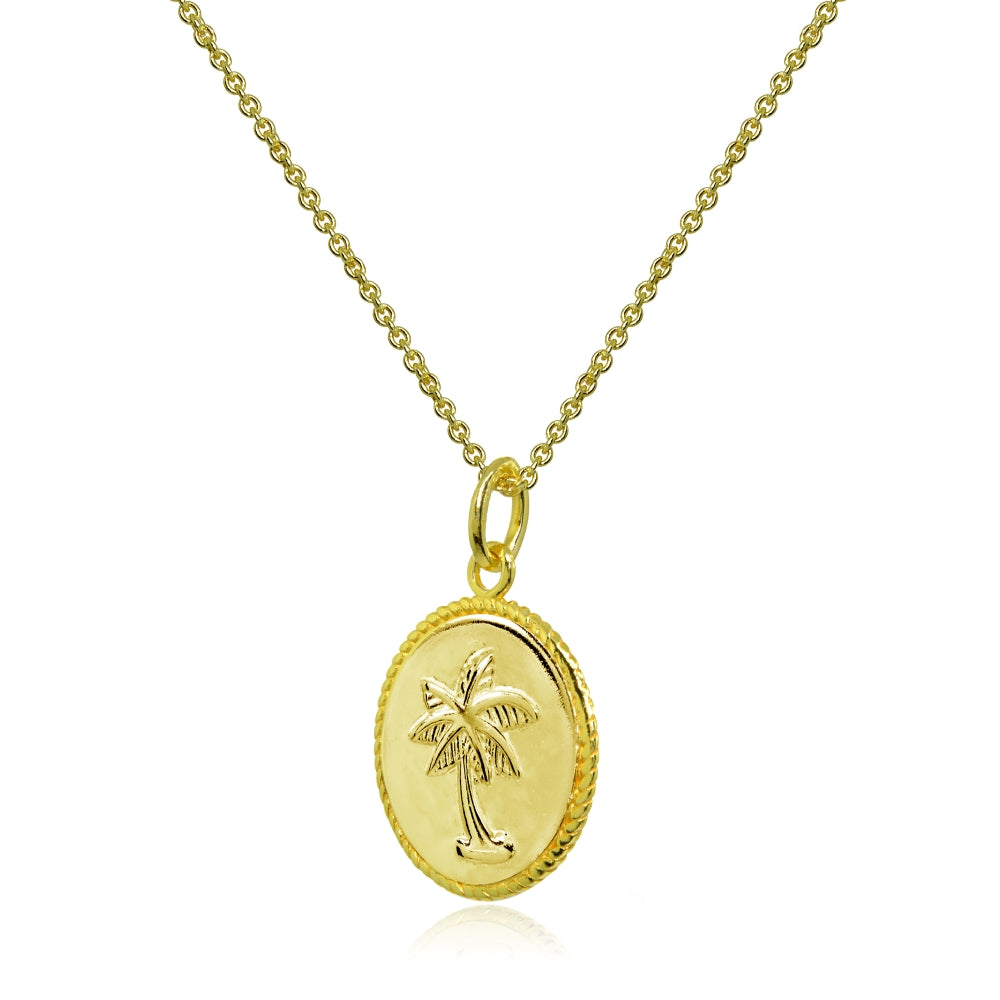 Yellow Gold Flashed Sterling Silver Polished Palm Tree Summer Medallion Coin Round Pendant Necklace-2