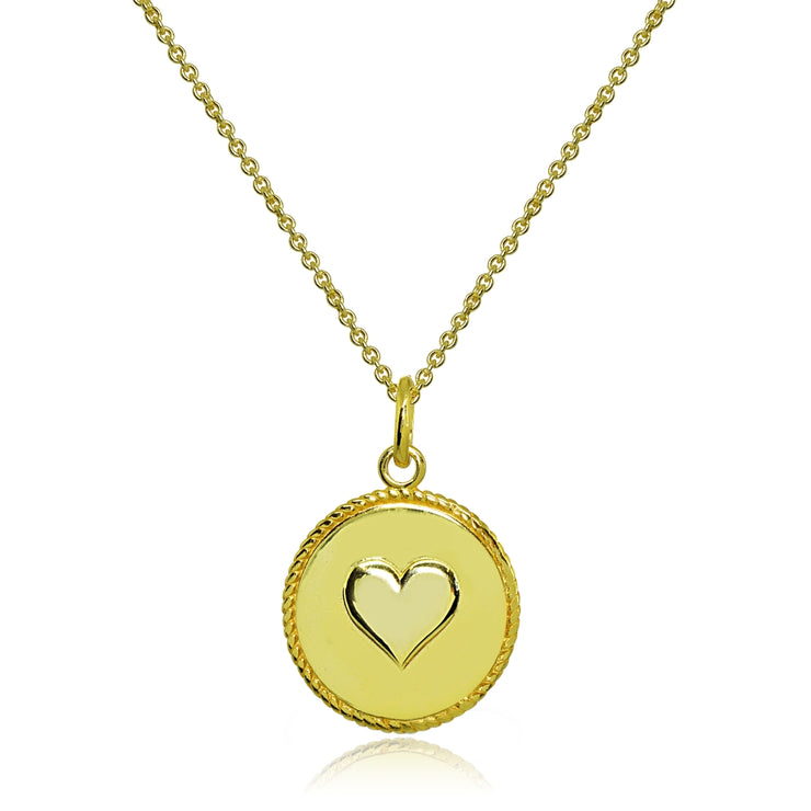 Yellow Gold Flashed Sterling Silver Polished Heart Love Medallion Coin Round Pendant Necklace