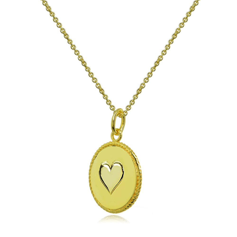 Yellow Gold Flashed Sterling Silver Polished Heart Love Medallion Coin Round Pendant Necklace-2