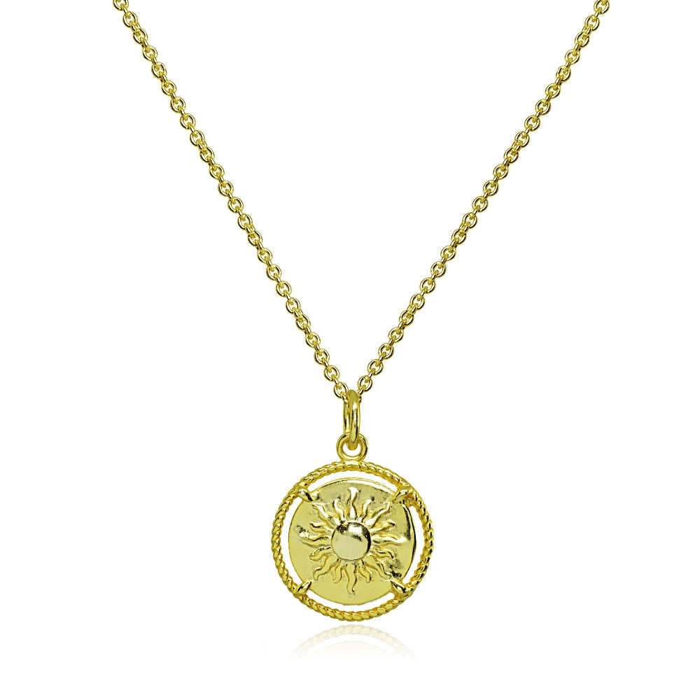 Yellow Gold Flashed Sterling Silver Polished Sun Celestial Medallion Coin Round Pendant Necklace