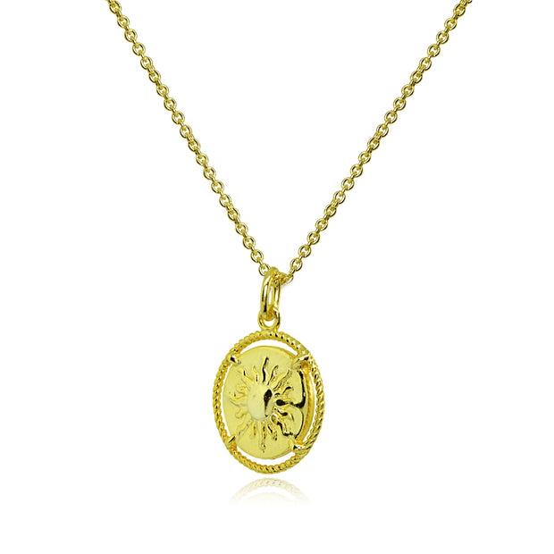 Yellow Gold Flashed Sterling Silver Polished Sun Celestial Medallion Coin Round Pendant Necklace