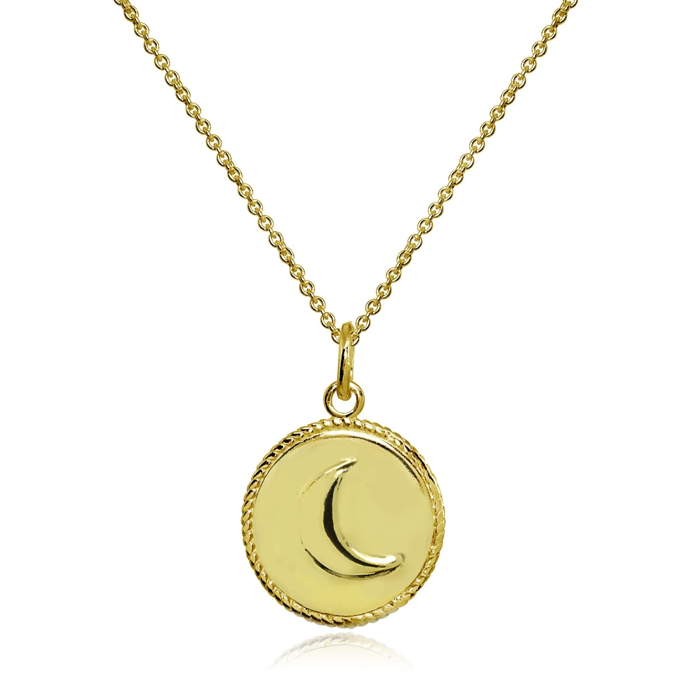 Yellow Gold Flashed Sterling Silver Polished Crescent Moon Celestial Medallion Coin Round Pendant Necklace
