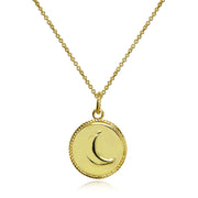 Yellow Gold Flashed Sterling Silver Polished Crescent Moon Celestial Medallion Coin Round Pendant Necklace