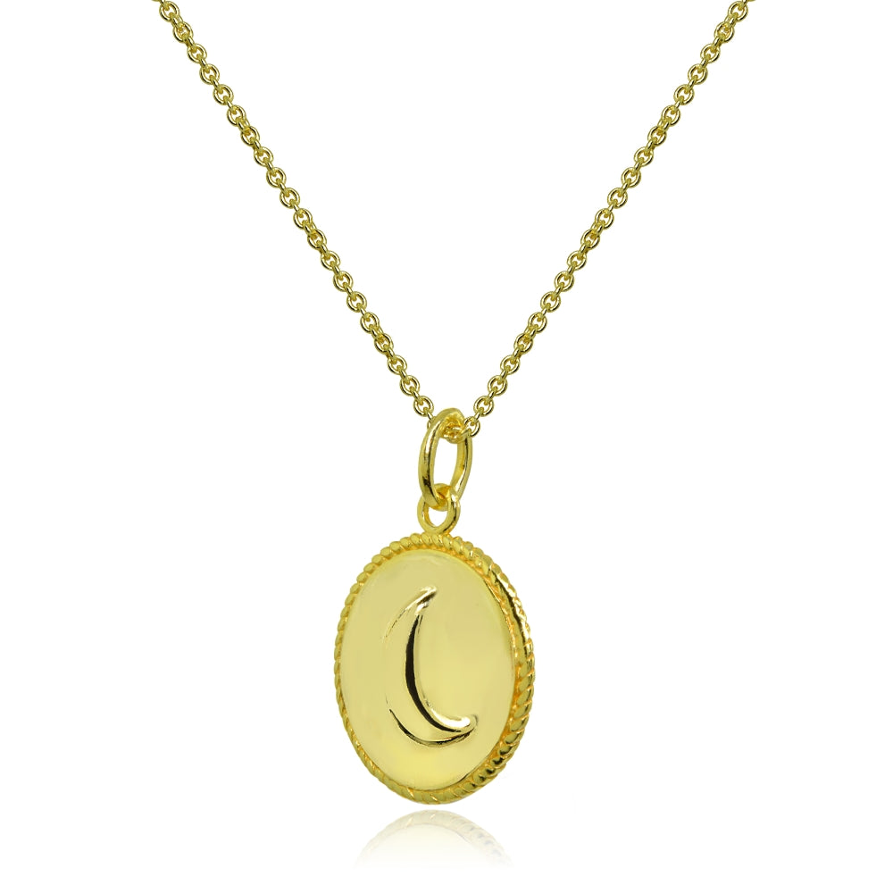 Yellow Gold Flashed Sterling Silver Polished Crescent Moon Celestial Medallion Coin Round Pendant Necklace-2