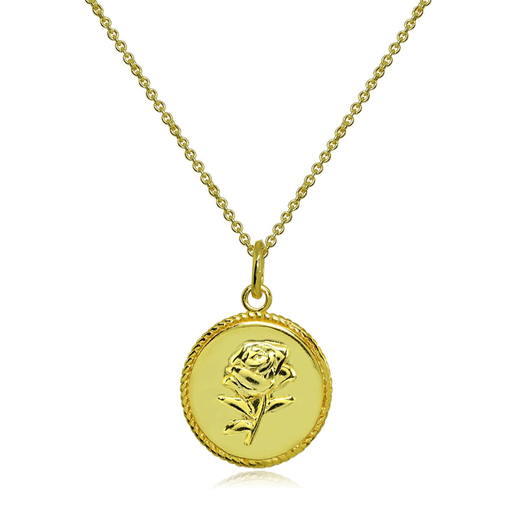 Yellow Gold Flashed Sterling Silver Polished Rose Flower Medallion Coin Round Pendant Necklace