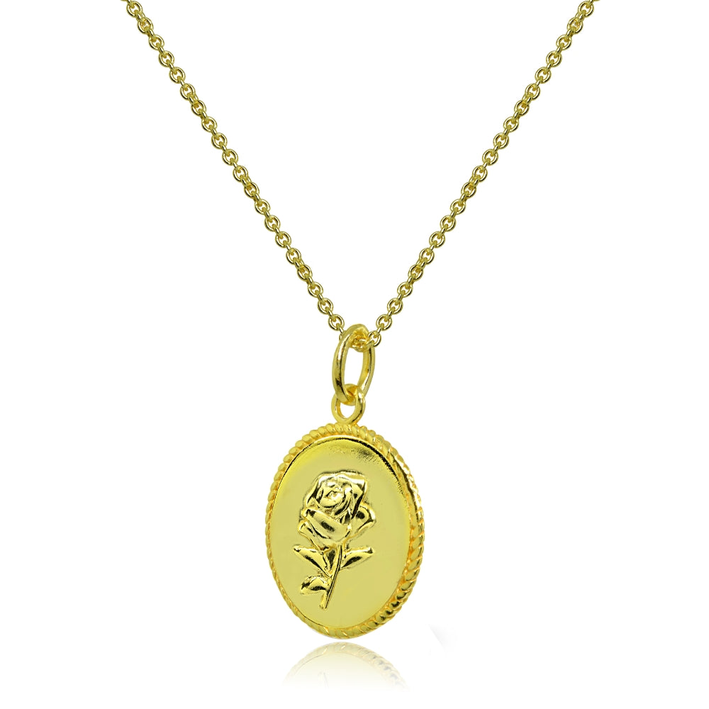 Yellow Gold Flashed Sterling Silver Polished Rose Flower Medallion Coin Round Pendant Necklace-2