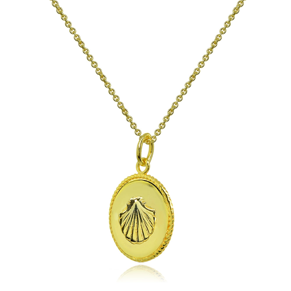 Yellow Gold Flashed Sterling Silver Polished Sea Shells Medallion Coin Round Pendant Necklace-2