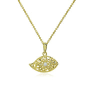 Yellow Gold Flashed Sterling Silver Synthetic White Opal Round Polished Evil Eye Filigree Pendant Necklace