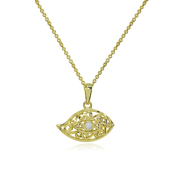 Yellow Gold Flashed Sterling Silver Synthetic White Opal Round Polished Evil Eye Filigree Pendant Necklace