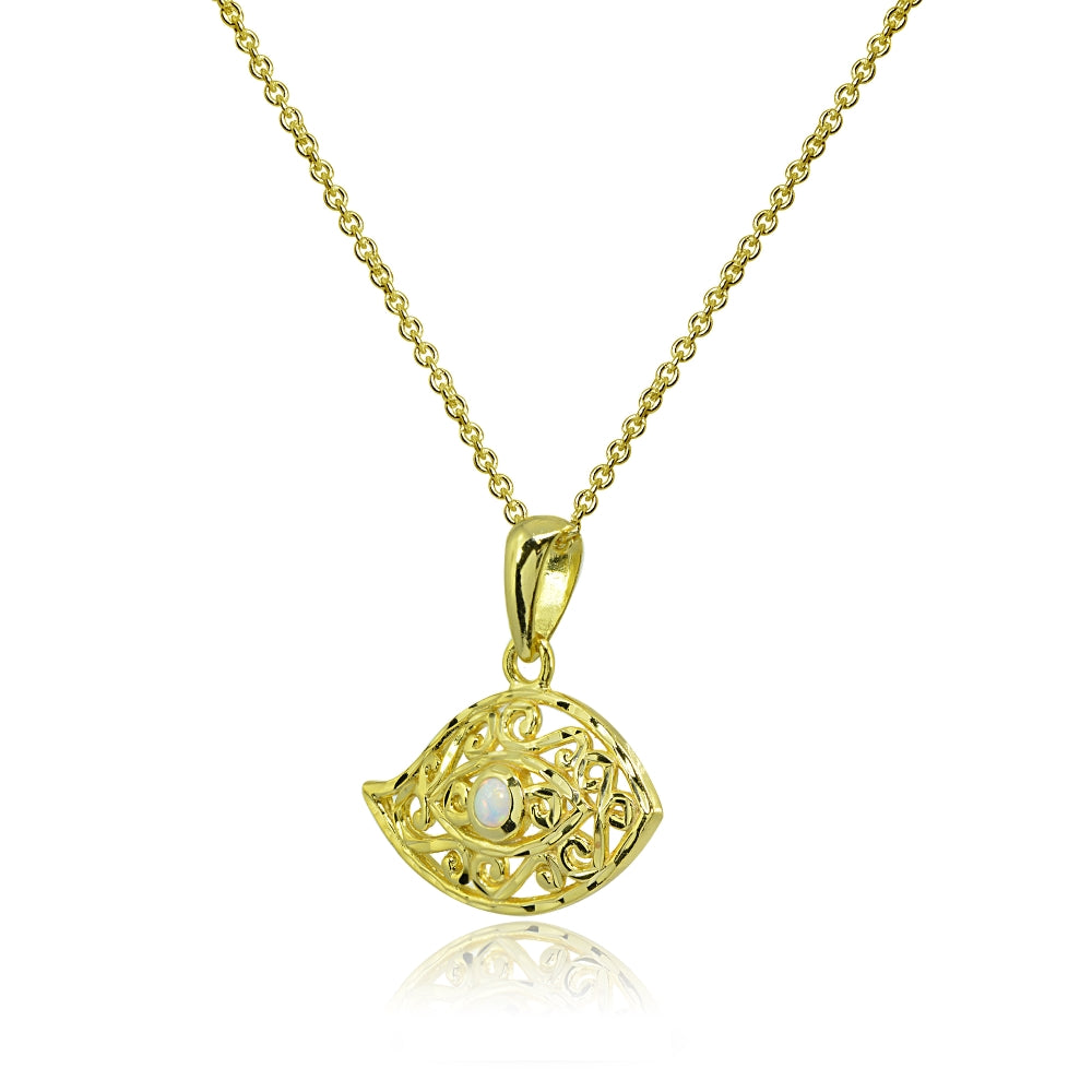 Yellow Gold Flashed Sterling Silver Synthetic White Opal Round Polished Evil Eye Filigree Pendant Necklace-2