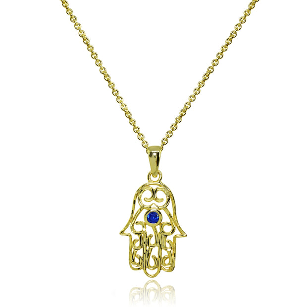 Yellow Gold Flashed Sterling Silver Created Blue Sapphire Round Polished Hamsa Hand Filigree Pendant Necklace