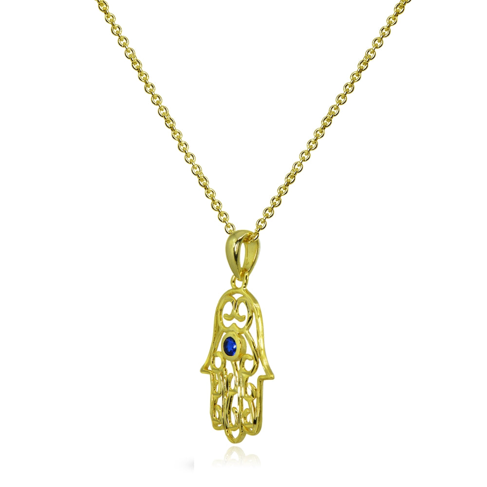 Yellow Gold Flashed Sterling Silver Created Blue Sapphire Round Polished Hamsa Hand Filigree Pendant Necklace-2