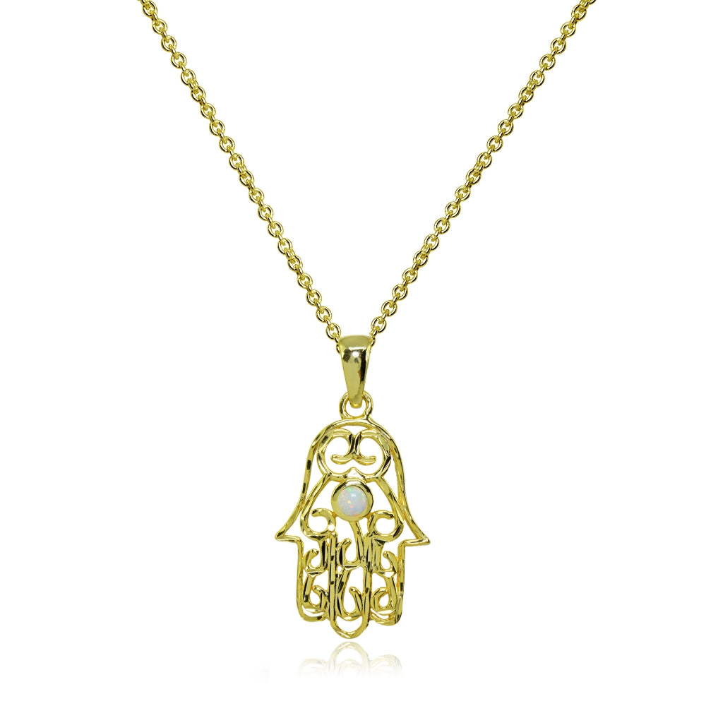Yellow Gold Flashed Sterling Silver Synthetic White Opal Round Polished Hamsa Hand Filigree Pendant Necklace