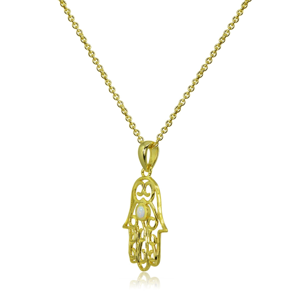 Yellow Gold Flashed Sterling Silver Synthetic White Opal Round Polished Hamsa Hand Filigree Pendant Necklace-2