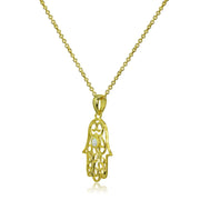 Yellow Gold Flashed Sterling Silver Synthetic White Opal Round Polished Hamsa Hand Filigree Pendant Necklace