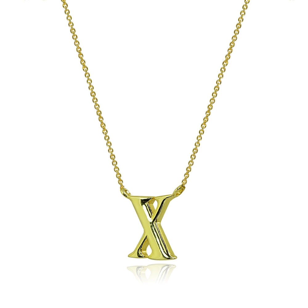 Yellow Gold Flashed Sterling Silver Polished X Alphabet Letter Initial Necklace-2