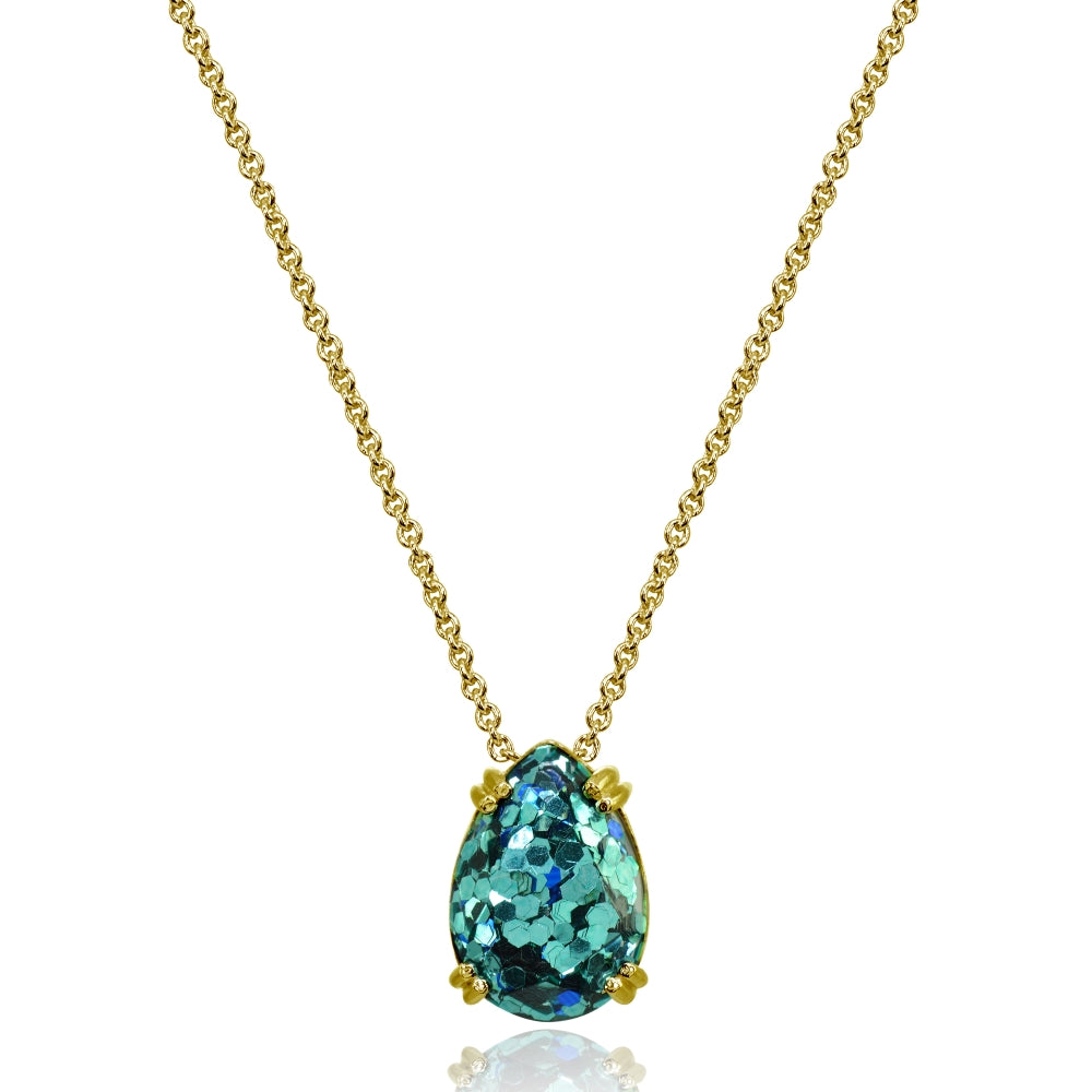 Yellow Gold Flashed Sterling Silver Blue Glitter 14x10mm Teardrop Dainty Slide Pendant Necklace