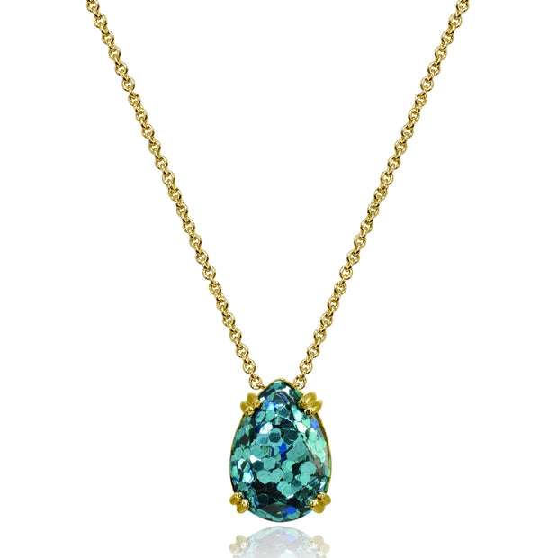 Yellow Gold Flashed Sterling Silver Blue Glitter 14x10mm Teardrop Dainty Slide Pendant Necklace