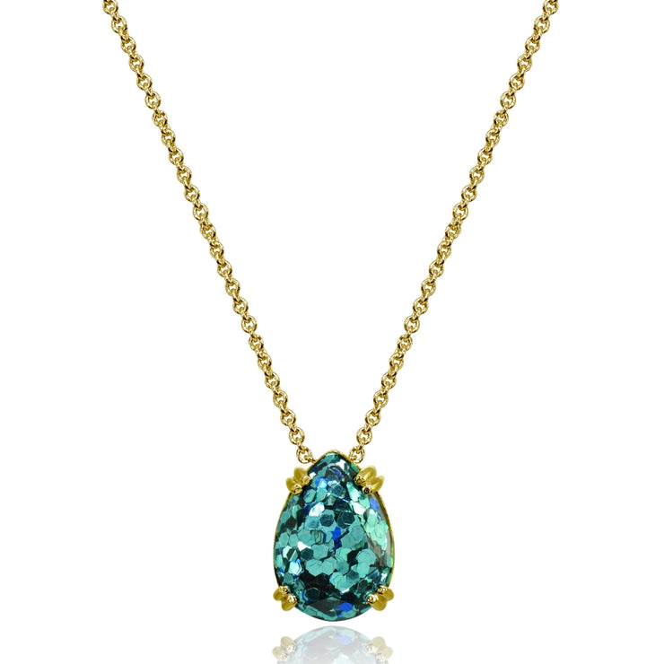 Yellow Gold Flashed Sterling Silver Blue Glitter 14x10mm Teardrop Dainty Slide Pendant Necklace