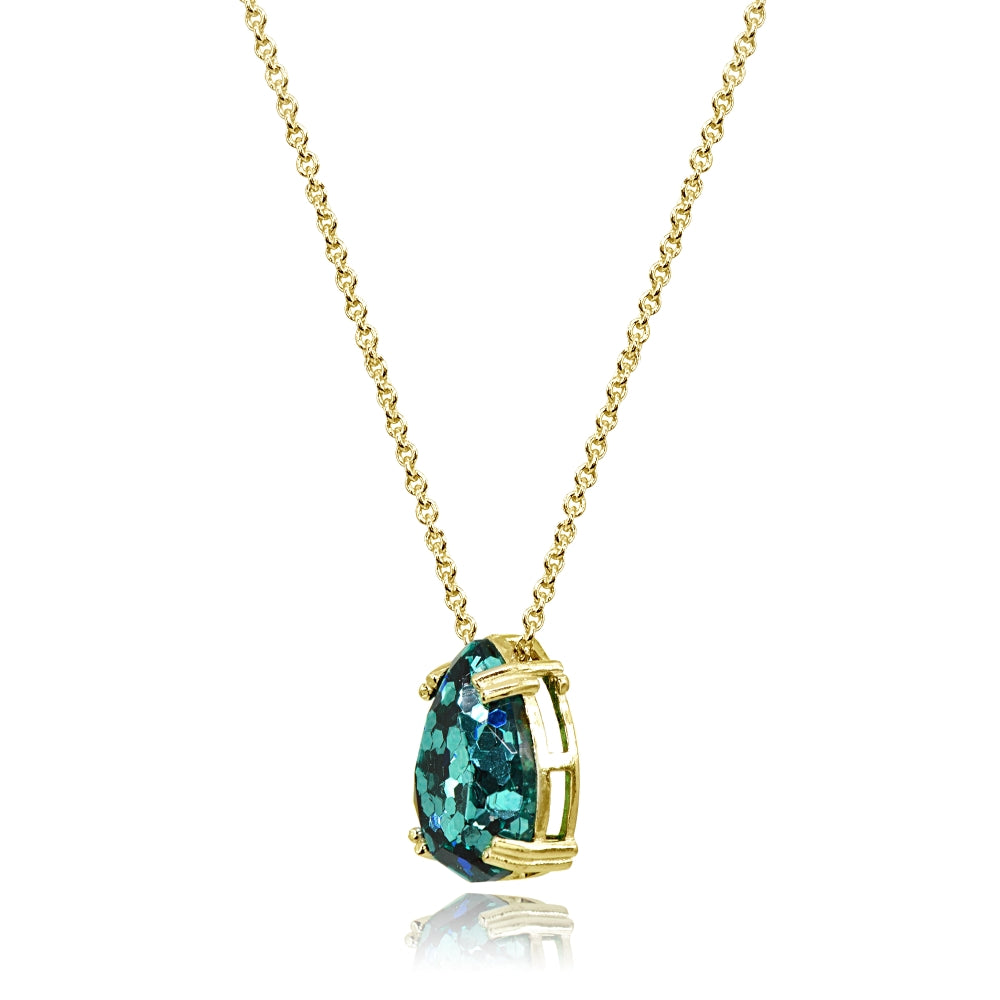 Yellow Gold Flashed Sterling Silver Blue Glitter 14x10mm Teardrop Dainty Slide Pendant Necklace-2