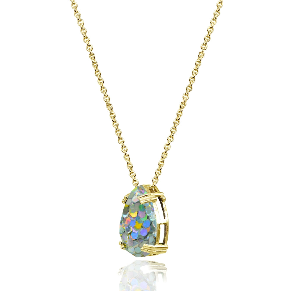Yellow Gold Flashed Sterling Silver White Glitter 14x10mm Teardrop Dainty Slide Pendant Necklace-2