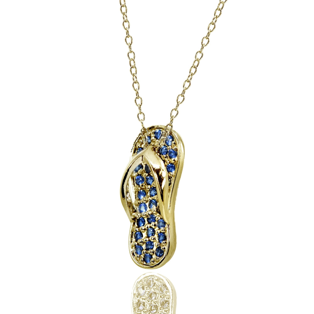Yellow Gold Flashed Sterling Silver Created Blue Sapphire Flip-Flop Beach Sandal Necklace-2