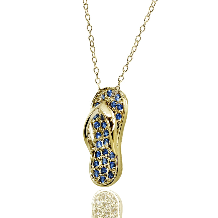 Yellow Gold Flashed Sterling Silver Created Blue Sapphire Flip-Flop Beach Sandal Necklace