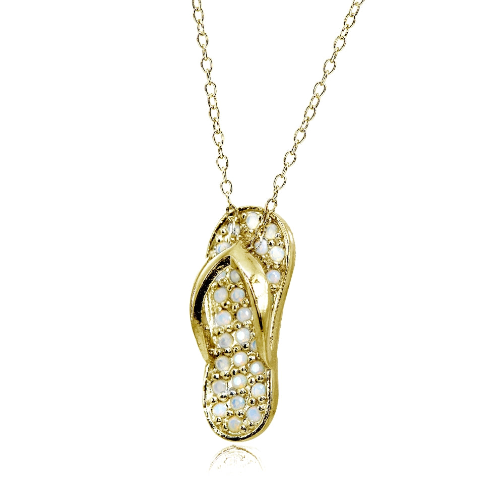 Yellow Gold Flashed Sterling Silver Created Opal Flip-Flop Beach Sandal Necklace-2