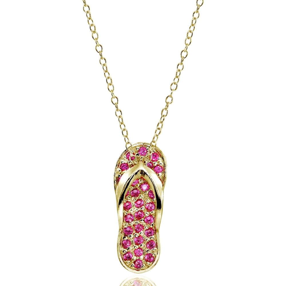 Yellow Gold Flashed Sterling Silver Created Ruby Flip-Flop Beach Sandal Necklace