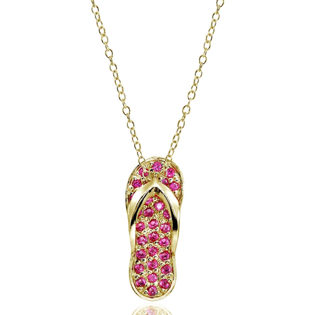 Yellow Gold Flashed Sterling Silver Created Ruby Flip-Flop Beach Sandal Necklace