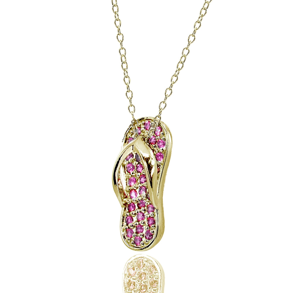 Yellow Gold Flashed Sterling Silver Created Ruby Flip-Flop Beach Sandal Necklace-2