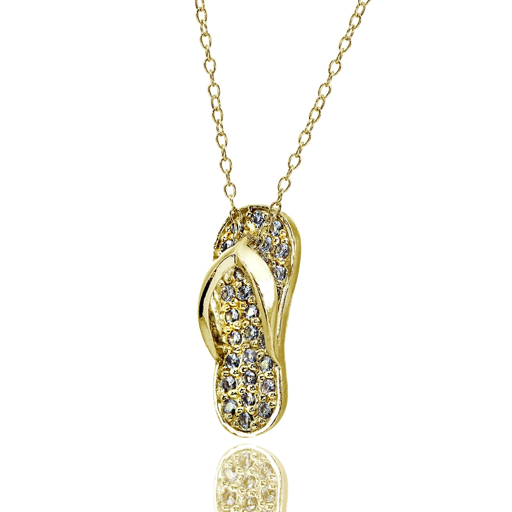Yellow Gold Flashed Sterling Silver Created Tanzanite Flip-Flop Beach Sandal Necklace-2