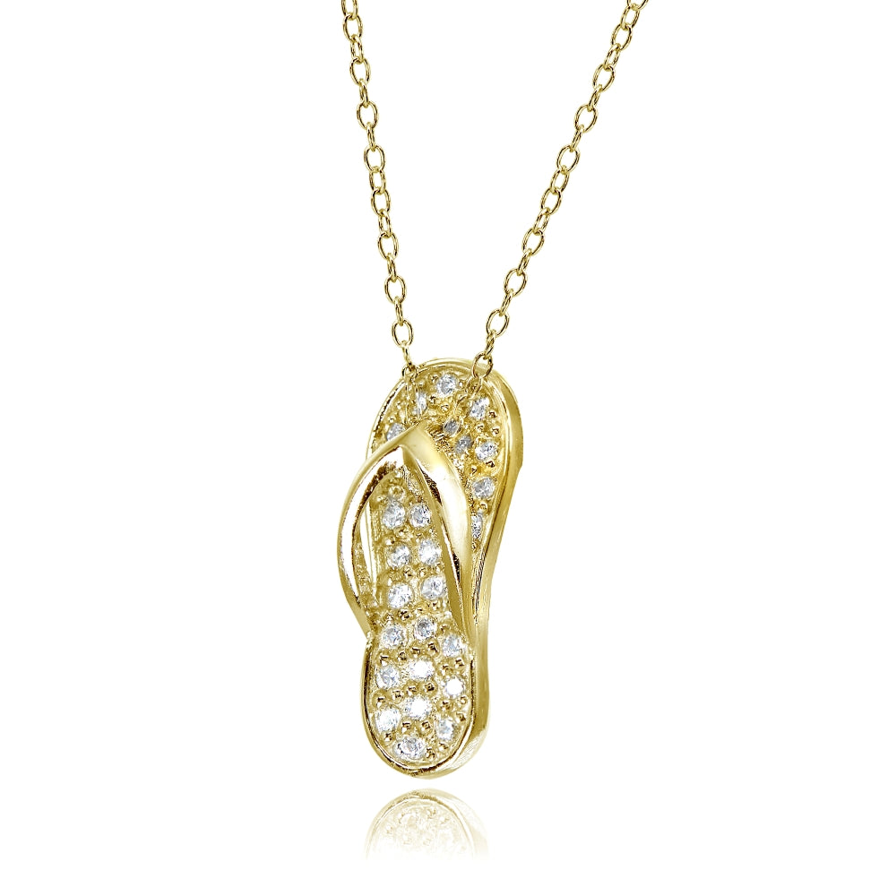 Yellow Gold Flashed Sterling Silver Cubic Zirconia Flip-Flop Beach Sandal Necklace-2