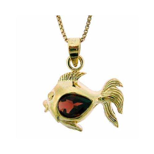 18K Gold over Sterling Silver 9/10ct Garnet Fish Pendant