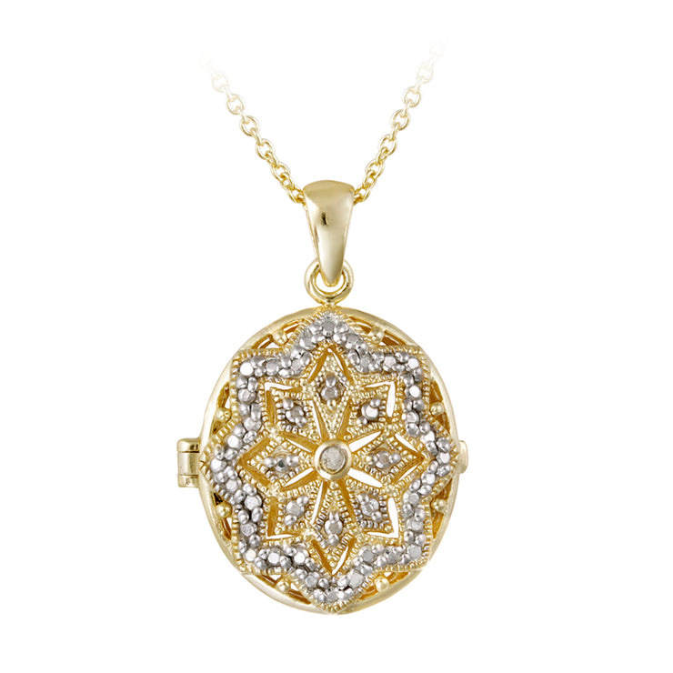 18K Gold Plated Diamond Accent Filigree Oval Locket Necklace