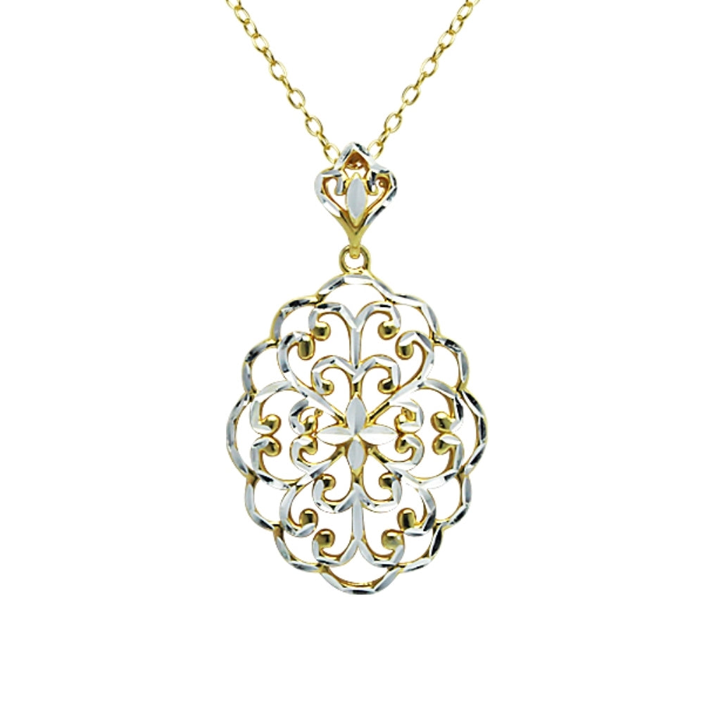Yellow Gold Flashed Sterling Silver Two-Tone Diamond-Cut Filigree Oval Swirl Flower Pendant Necklace