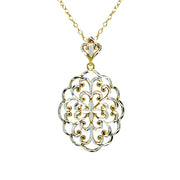 Yellow Gold Flashed Sterling Silver Two-Tone Diamond-Cut Filigree Oval Swirl Flower Pendant Necklace