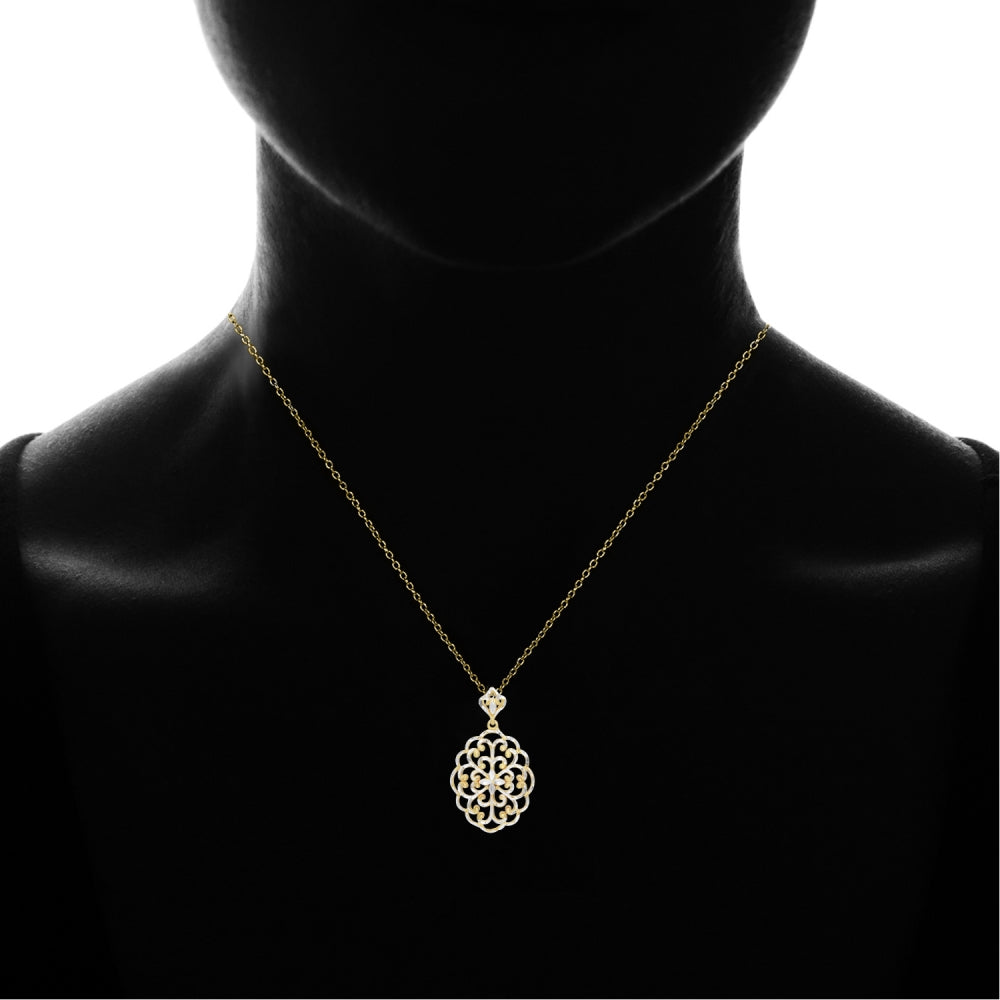 Yellow Gold Flashed Sterling Silver Two-Tone Diamond-Cut Filigree Oval Swirl Flower Pendant Necklace-2